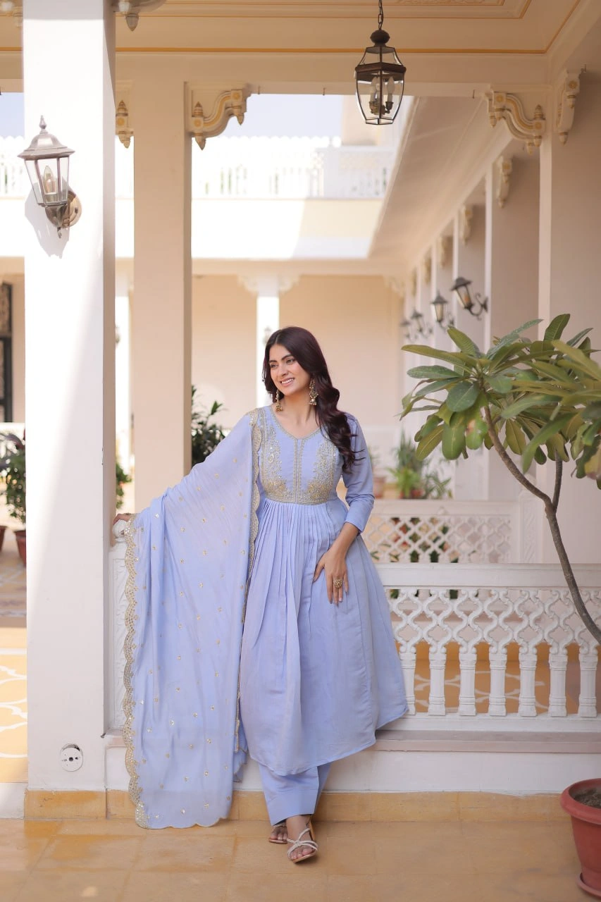 Premium Chanderi Embroidered Gown Pant Dupatta Set for Women - Image 3
