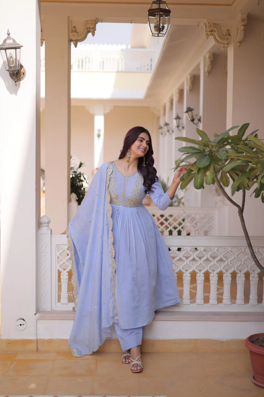 Premium Chanderi Embroidered Gown Pant Dupatta Set for Women - Image 4