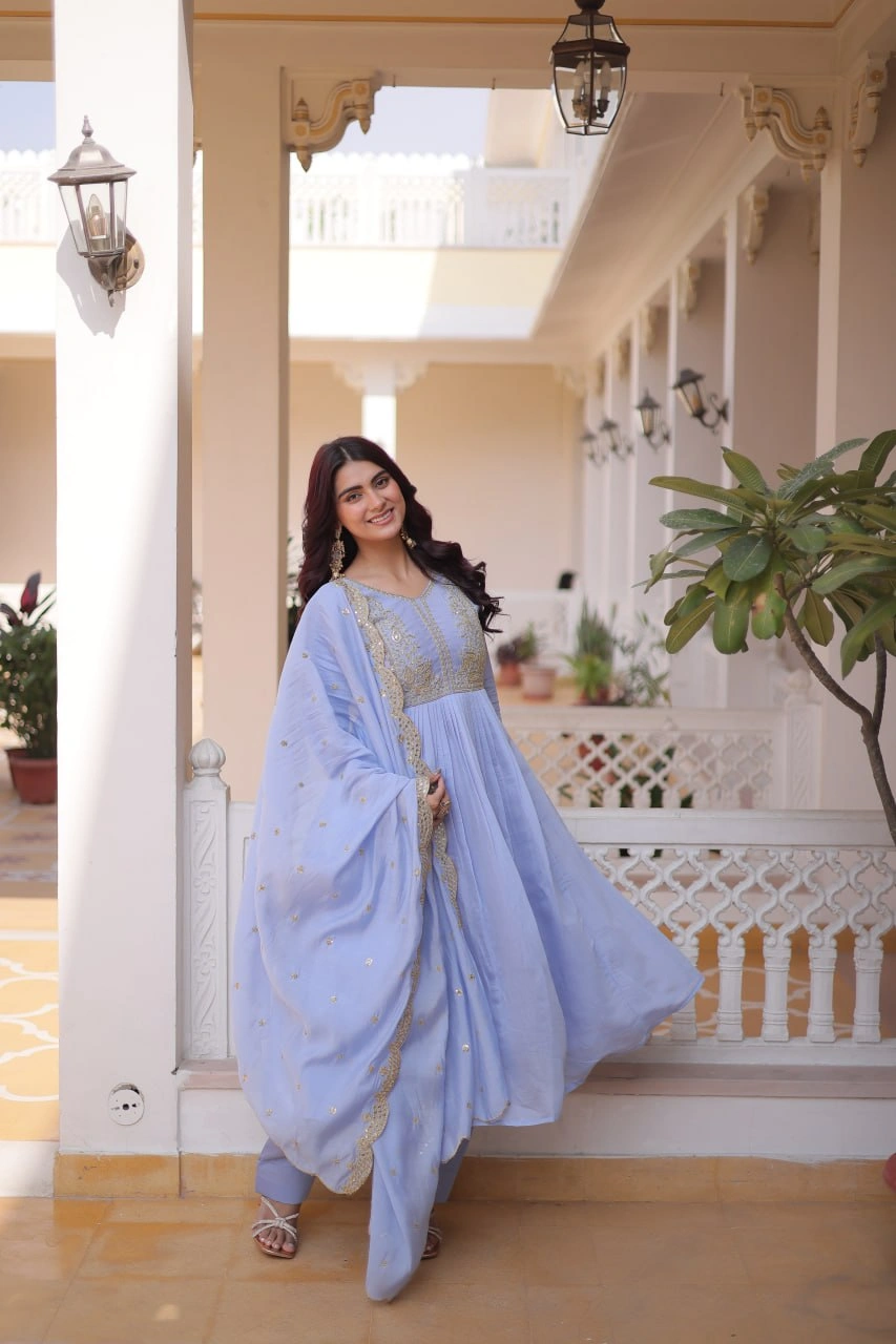 Premium Chanderi Embroidered Gown Pant Dupatta Set for Women - Image 5