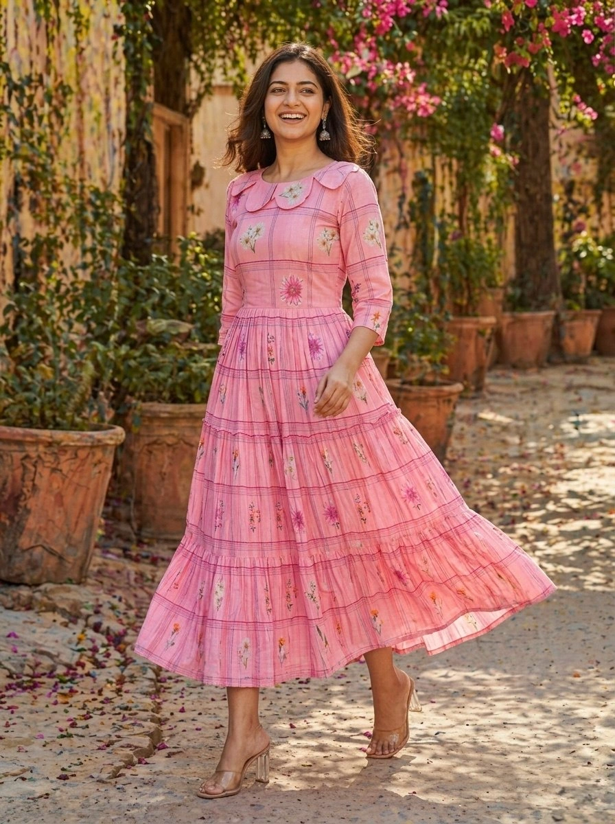 Women’s Muslin Silk Gingham Print Flared Kurti - Image 1