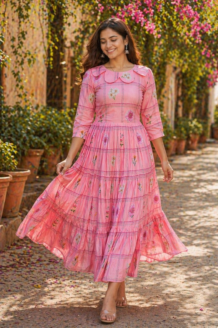 Women’s Muslin Silk Gingham Print Flared Kurti - Image 2