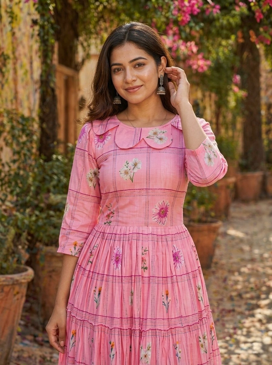 Women’s Muslin Silk Gingham Print Flared Kurti - Image 3