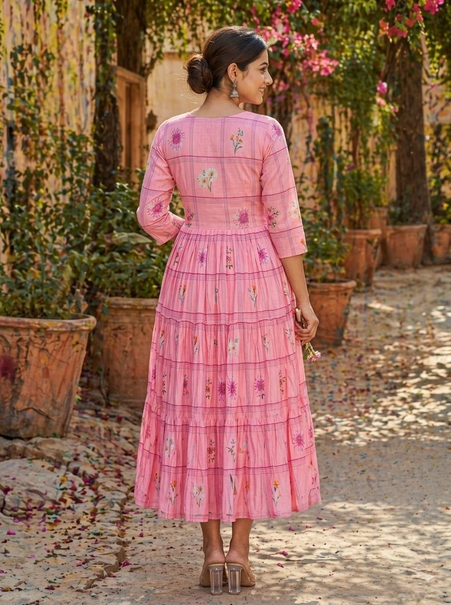 Women’s Muslin Silk Gingham Print Flared Kurti - Image 4
