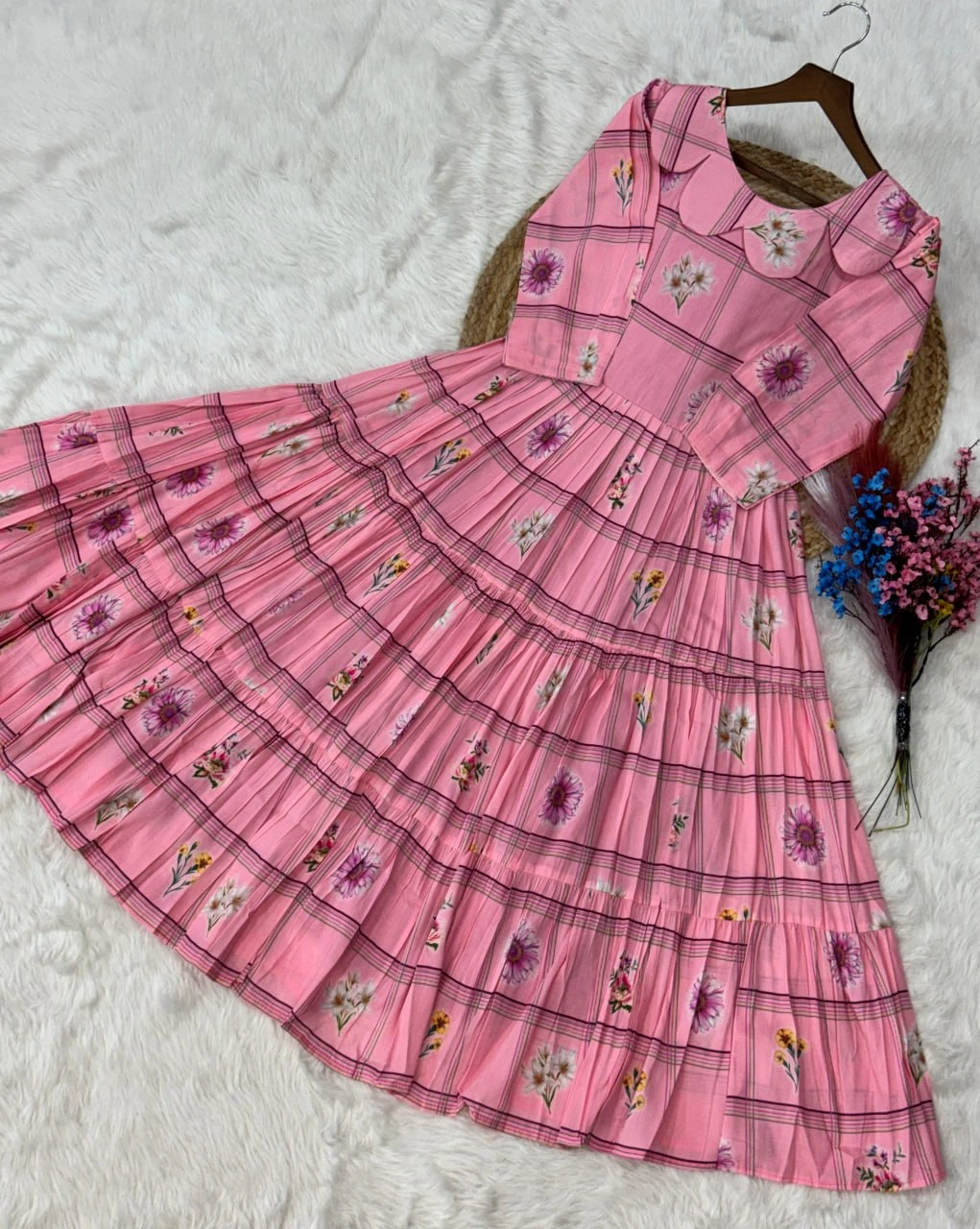 Women’s Muslin Silk Gingham Print Flared Kurti - Image 5