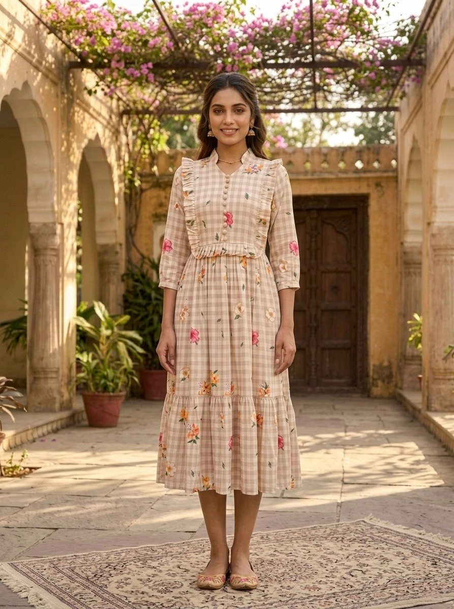 Women’s  Silk Gingham Print Flared Kurti - Image 2