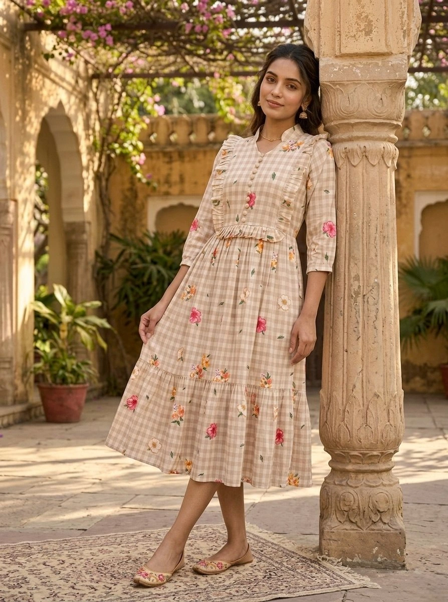 Women’s  Silk Gingham Print Flared Kurti - Image 3