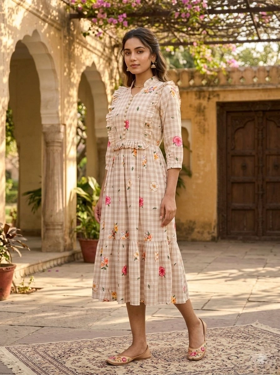 Women’s  Silk Gingham Print Flared Kurti - Image 4