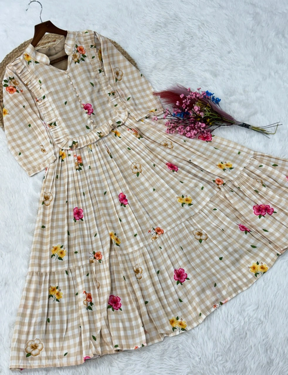 Women’s  Silk Gingham Print Flared Kurti - Image 5