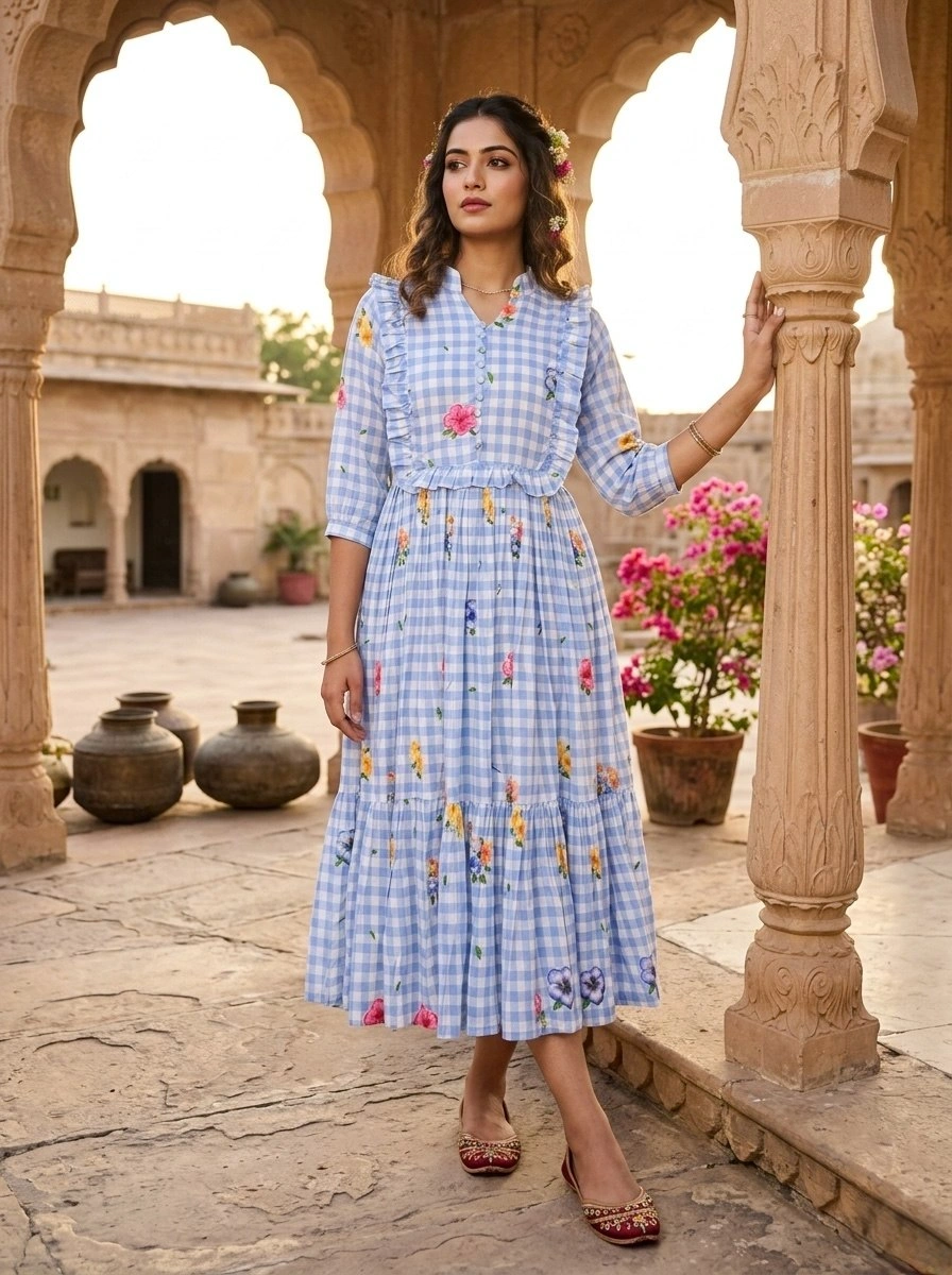 Designer Muslin Silk V Neck Collar Kurti for Women - Image 1