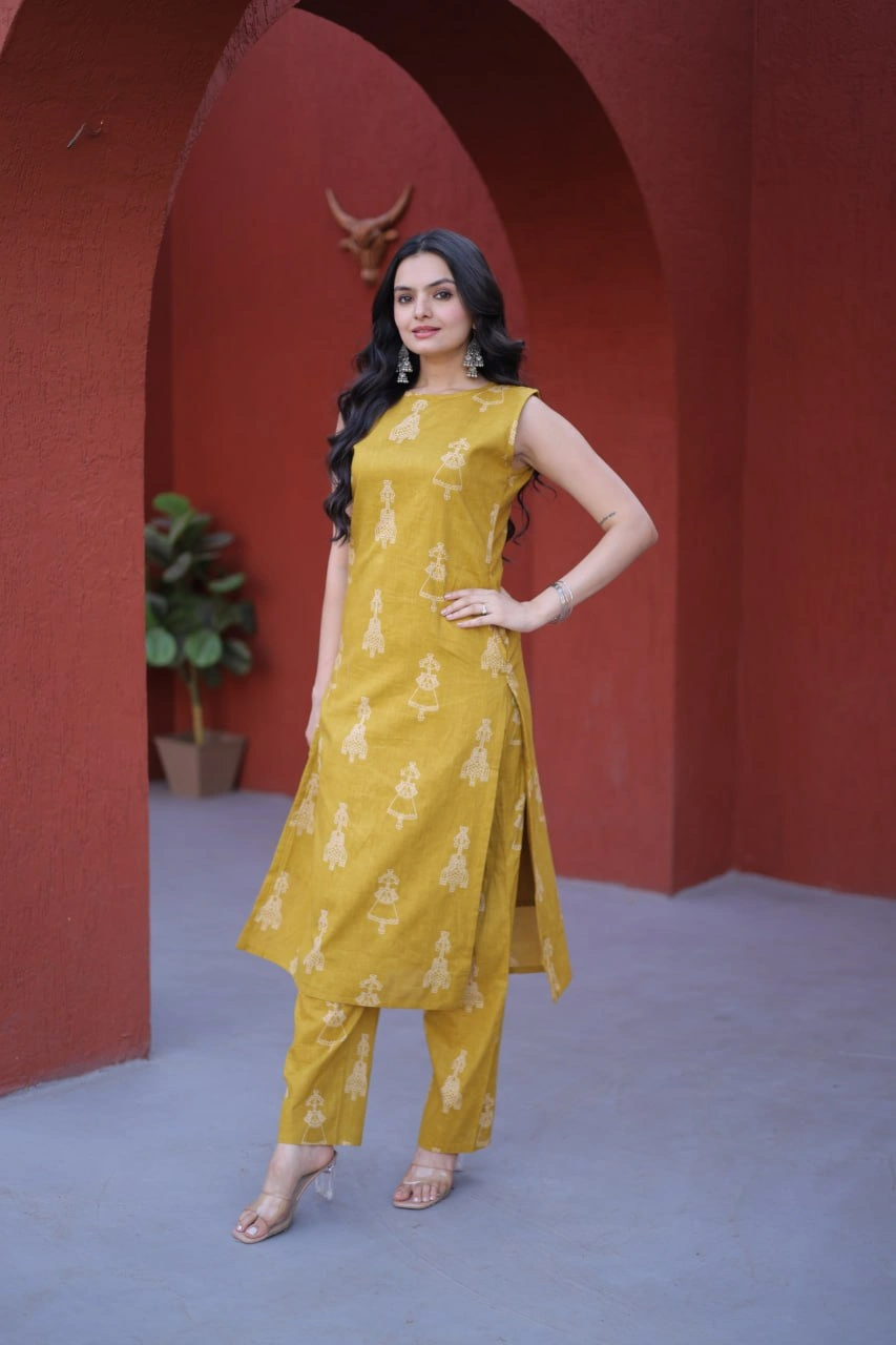 Yellow Premium Printed Cotton Kurti Pant Set for Women