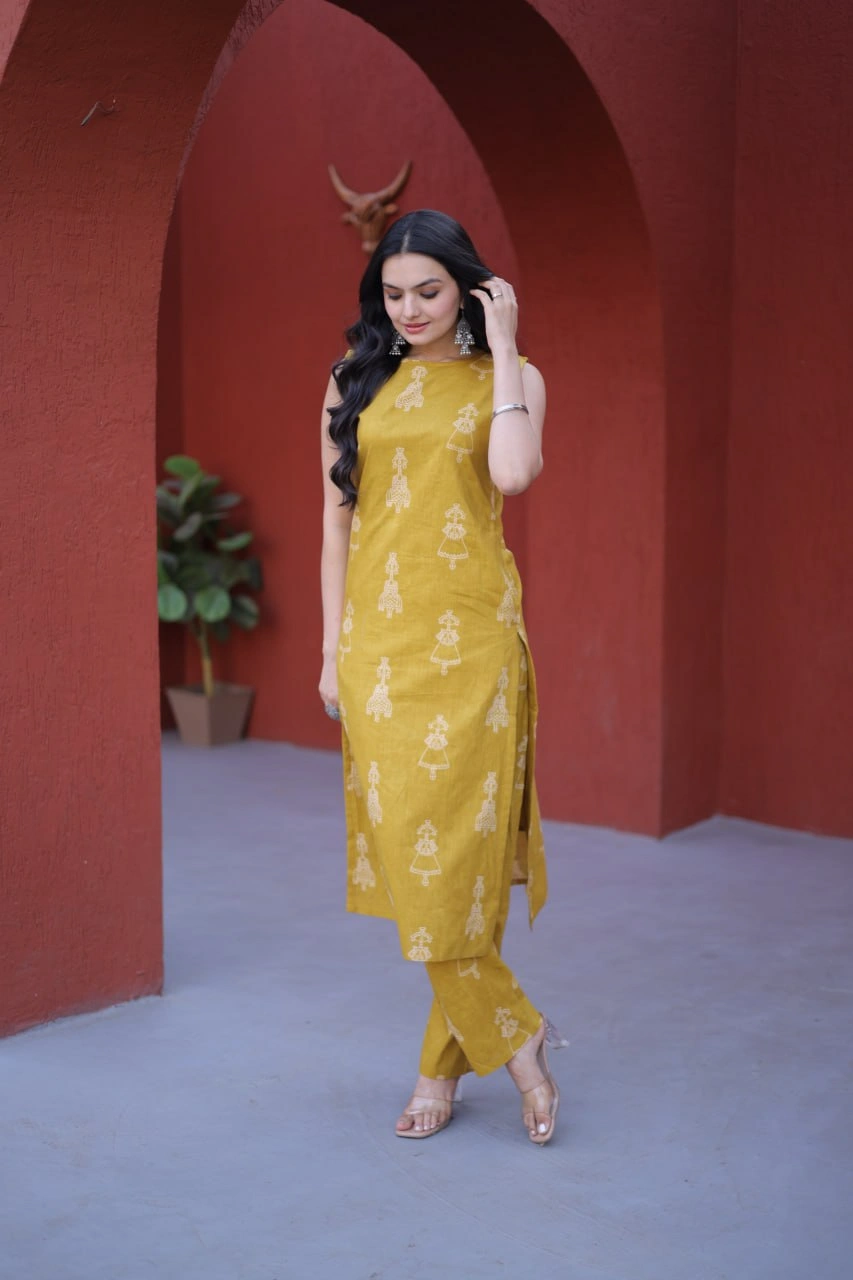 Yellow Premium Printed Cotton Kurti Pant Set for Women - Image 2