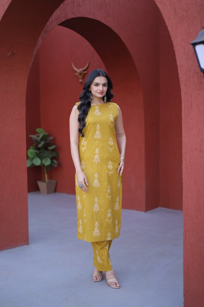 Yellow Premium Printed Cotton Kurti Pant Set for Women - Image 3
