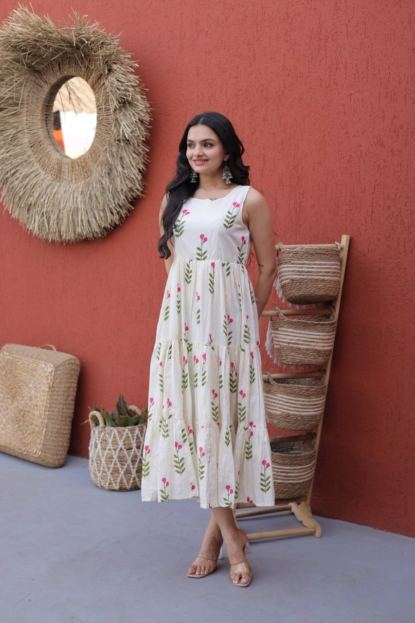 Women’s Sleeveless Printed Cotton Flared Kurti