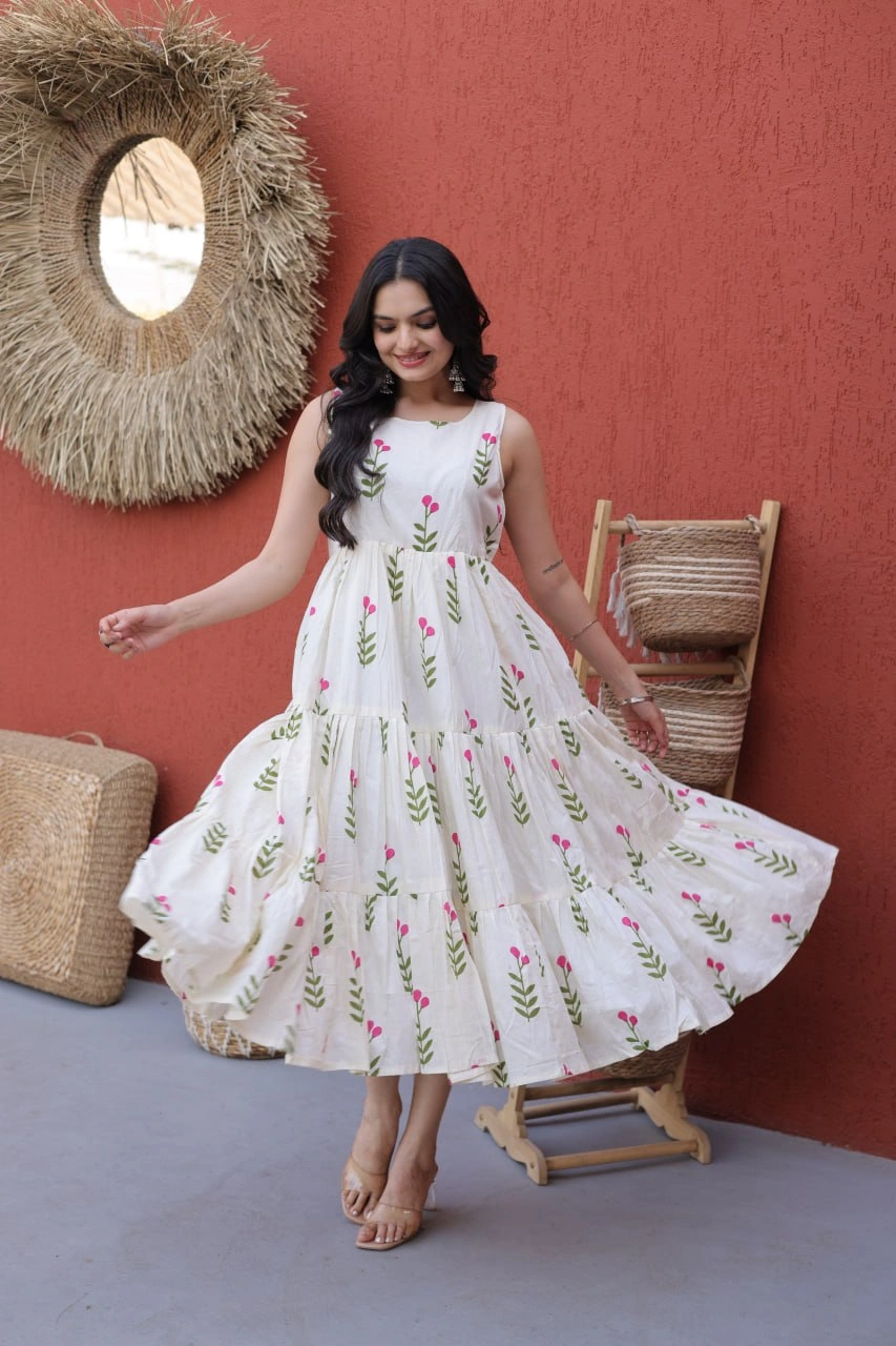 Women’s Sleeveless Printed Cotton Flared Kurti - Image 3