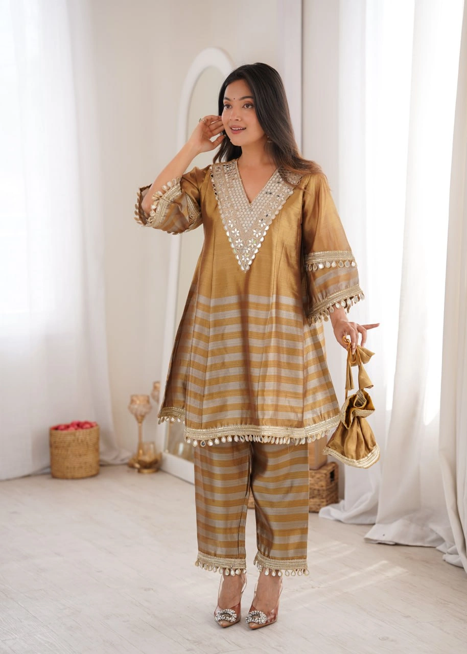 Designer Mirror Work Top Bottom with Batwa Set for Women