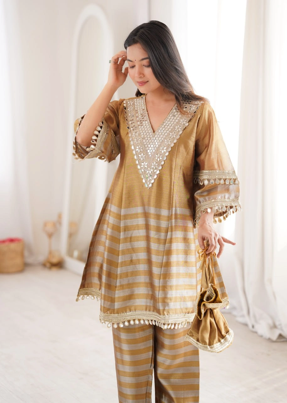 Designer Mirror Work Top Bottom with Batwa Set for Women - Image 2