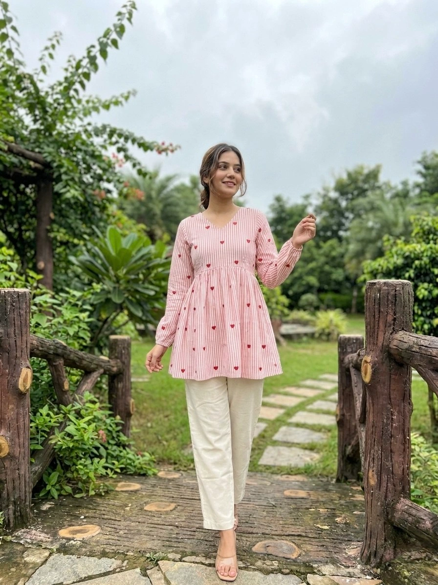 Cotton Heart Embroidered Top Pant Set for Women