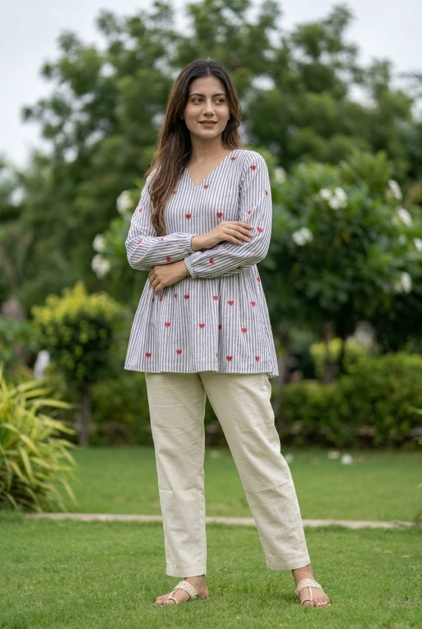 Designer Cotton Top Pant Set with Embroidery Work
