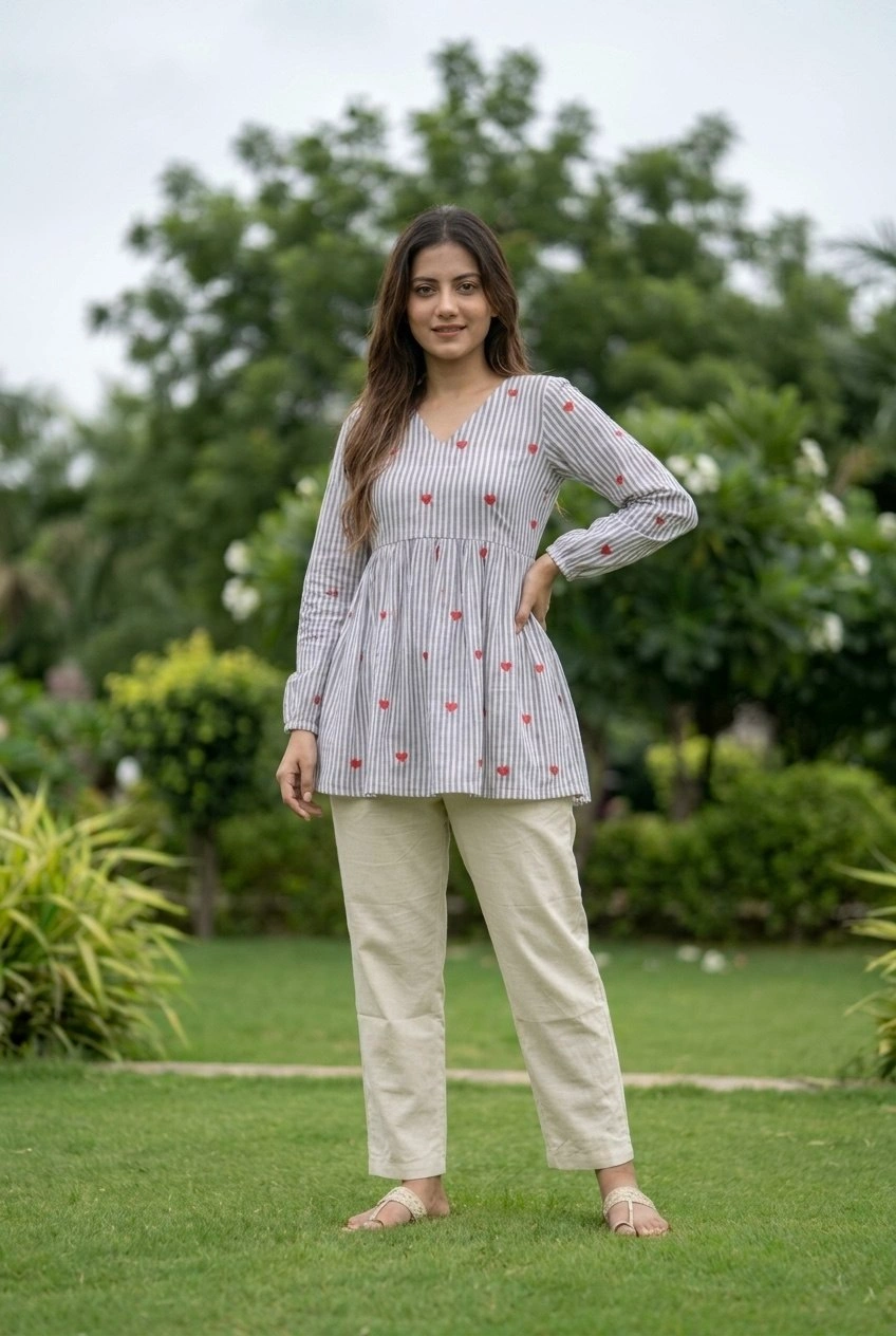 Designer Cotton Top Pant Set with Embroidery Work - Image 2