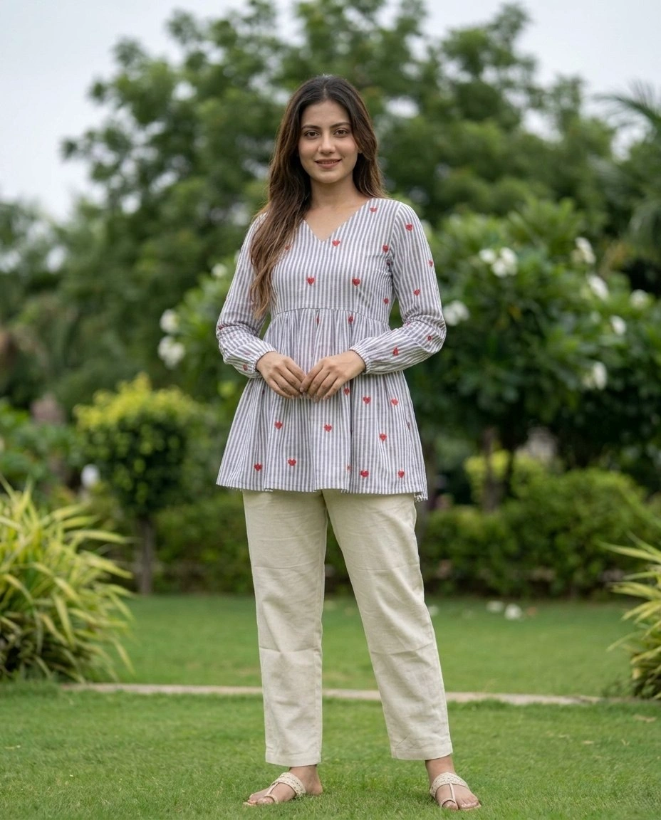 Designer Cotton Top Pant Set with Embroidery Work - Image 4