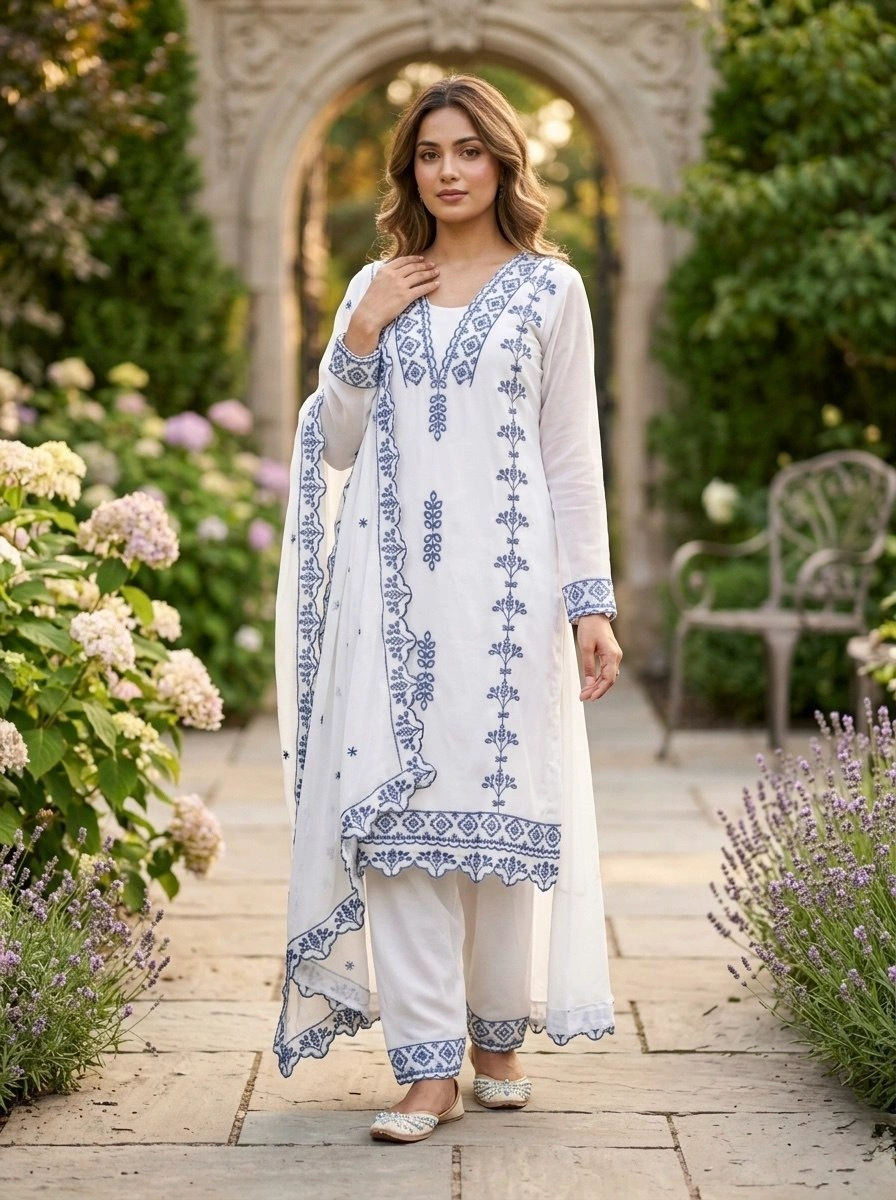 Faux Georgette Embroidered Kurti Pant Dupatta Set for Women