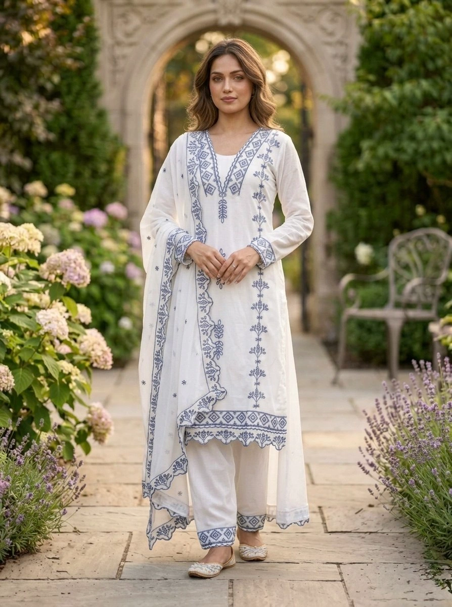 Faux Georgette Embroidered Kurti Pant Dupatta Set for Women - Image 2