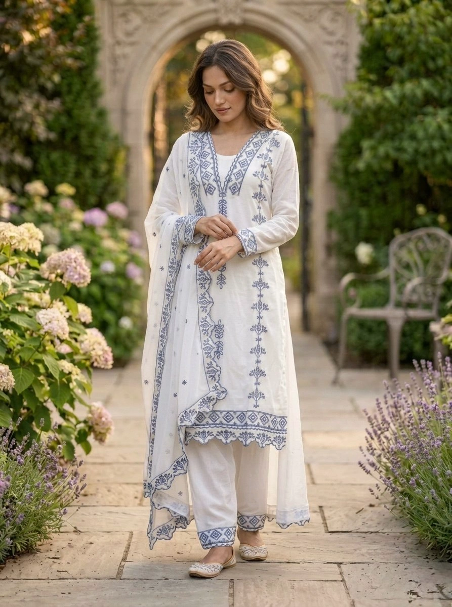 Faux Georgette Embroidered Kurti Pant Dupatta Set for Women - Image 3