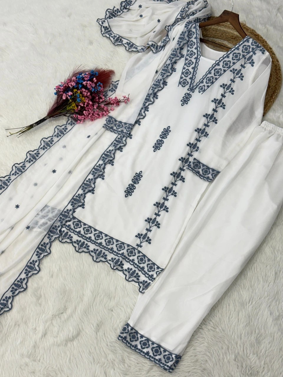 Faux Georgette Embroidered Kurti Pant Dupatta Set for Women - Image 5