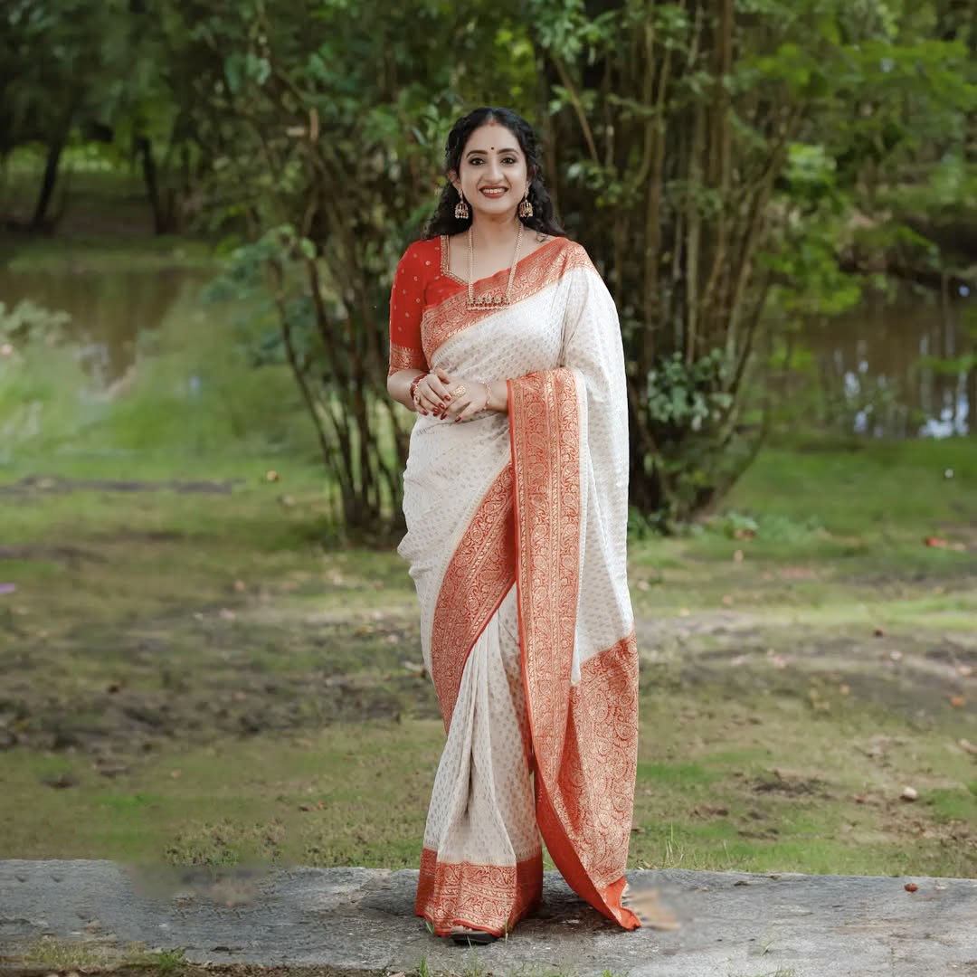 SOFT LICHI SILK WHITE WITH RED SAREE - View 1 of 5