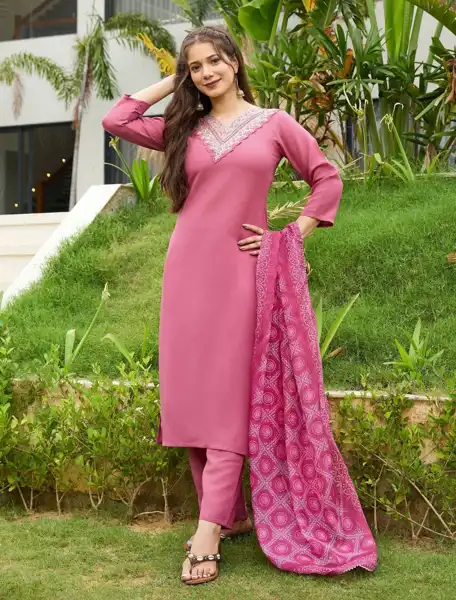 Straight Pink Kurta with Pant - View 3 of 5