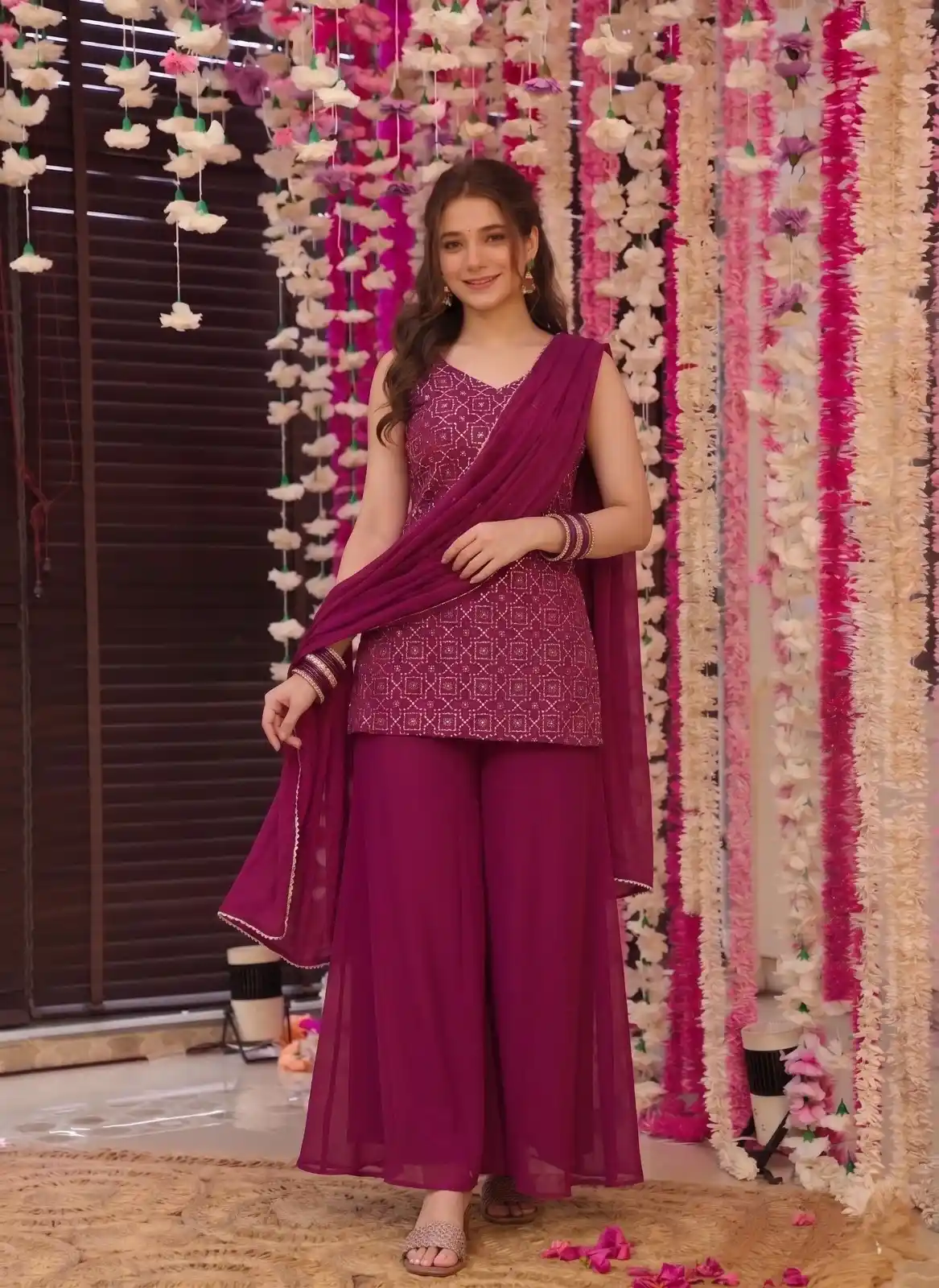 Women Embroidered Kurta Sharara Set with Dupatta – Wine Purple Ethnic Suit