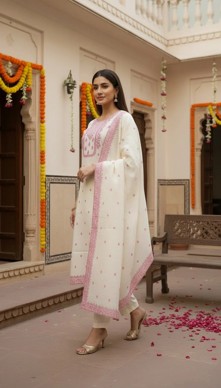 Women Cotton Embroidered Kurta Pant Set with Dupatta – Off White &amp;amp;amp;amp;amp;amp; Pink Ethnic Wear