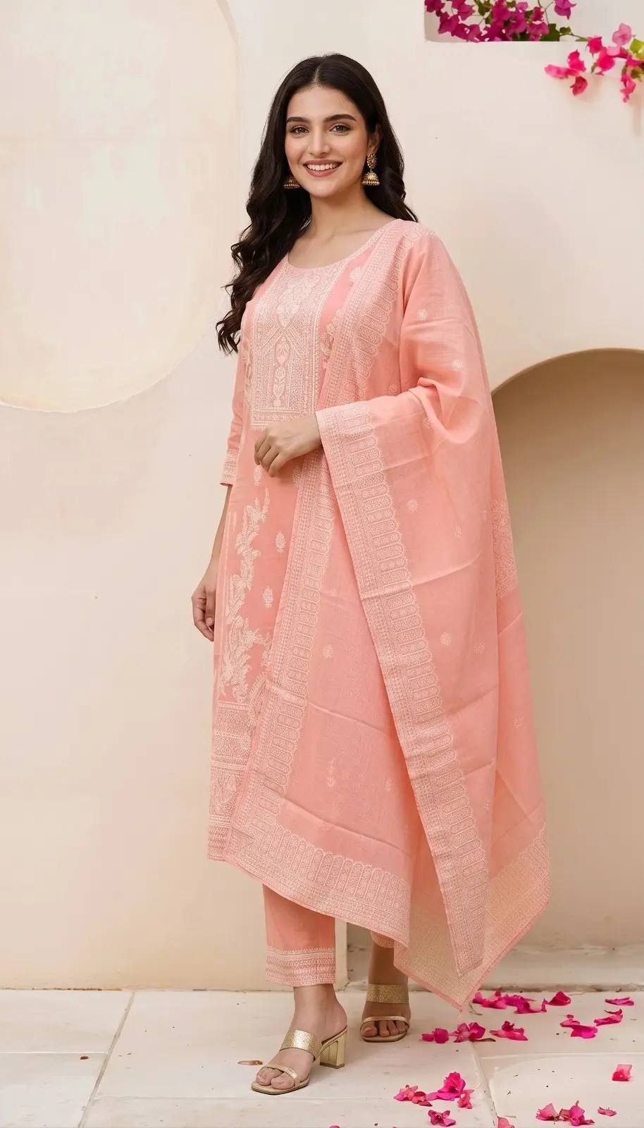Peach Embroidered Cotton Blend Kurta Pant Dupatta Set for Women