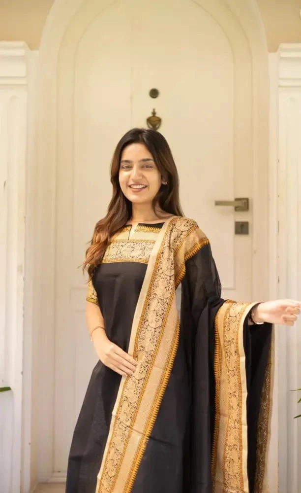 Black Kanchi Cotton Straight Kurta Dupatta Set for Women