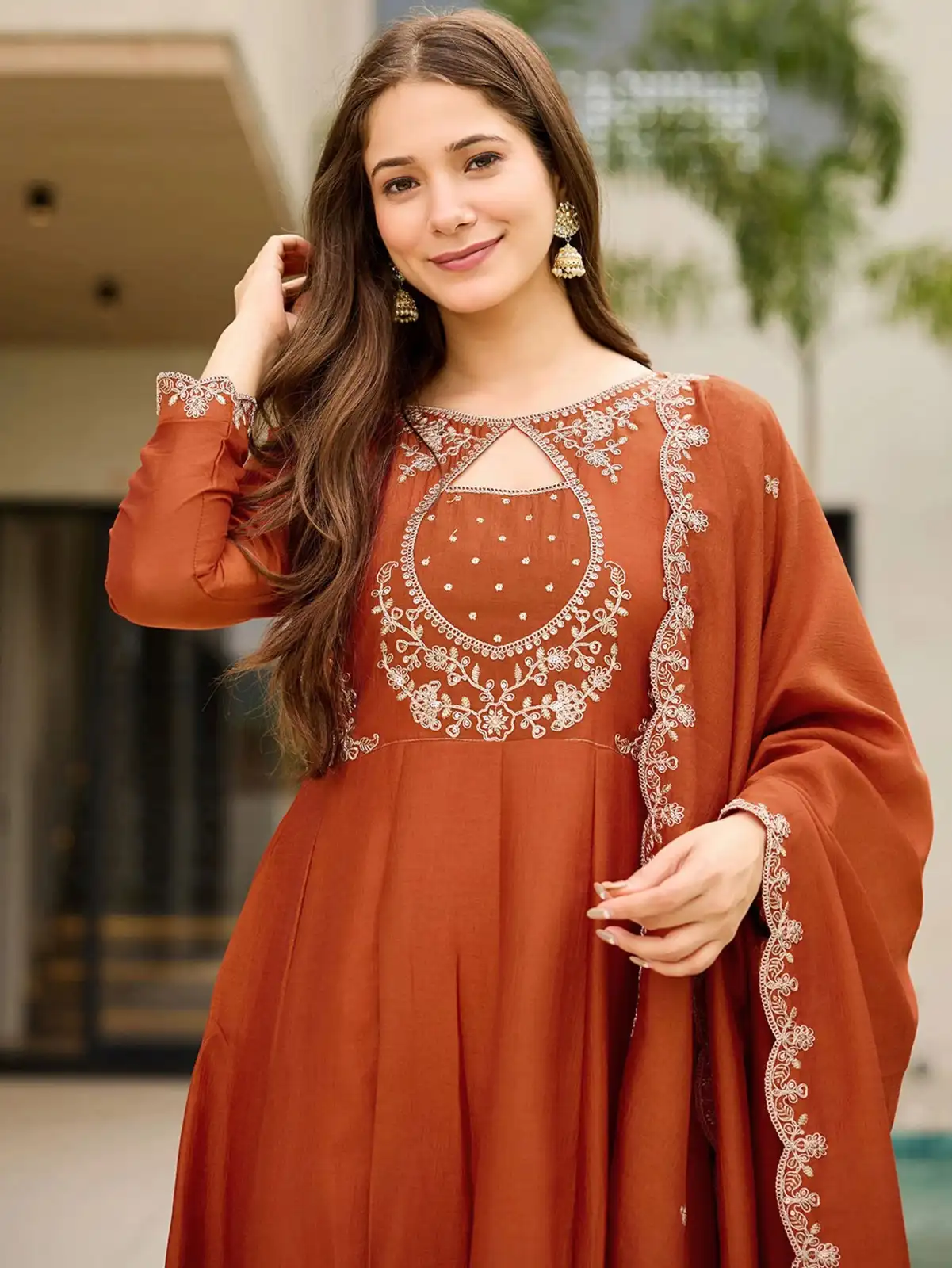 Rust Orange Embroidered Anarkali Kurta Set for Women