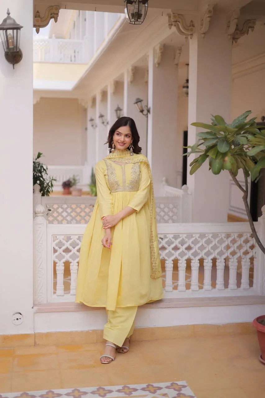 Premium Mal Chanderi Embroidered Gown Pant Dupatta Set for Women
