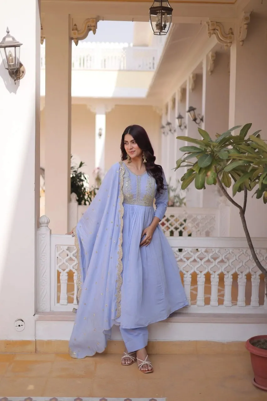 Premium Chanderi Embroidered Gown Pant Dupatta Set for Women