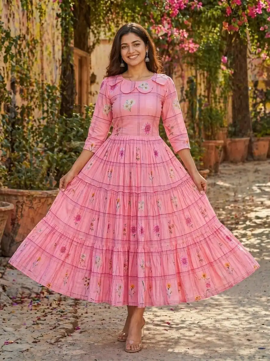 Women’s Muslin Silk Gingham Print Flared Kurti