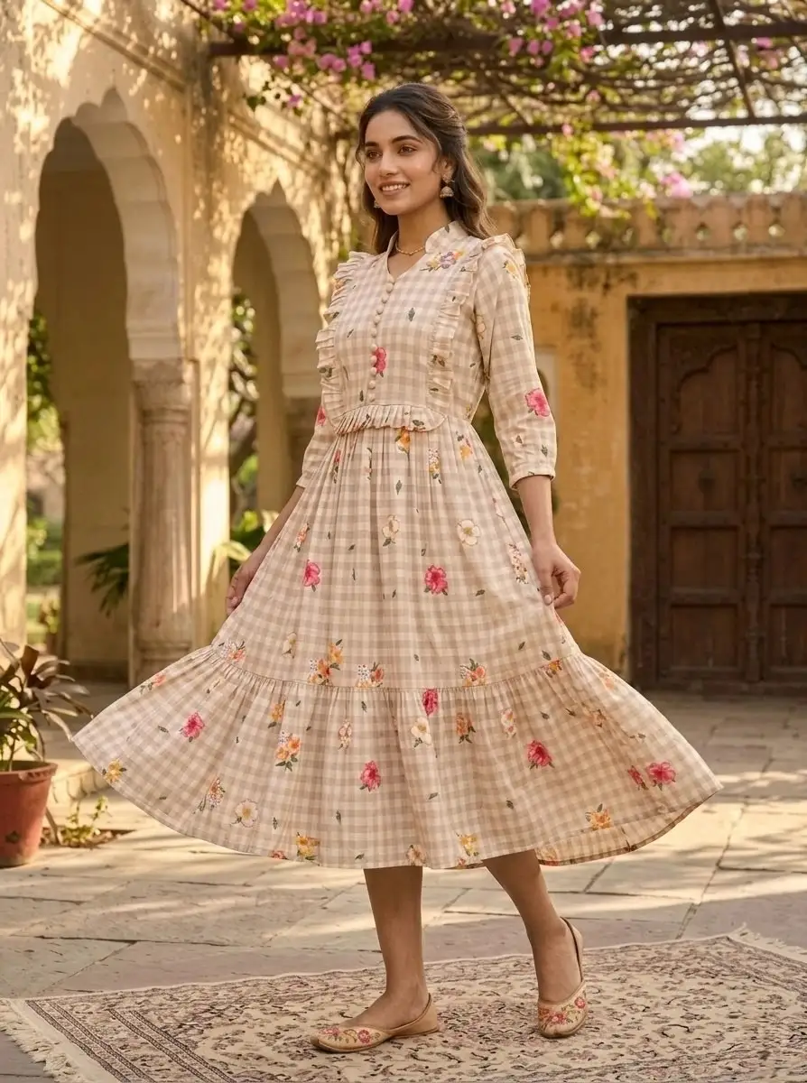 Women’s  Silk Gingham Print Flared Kurti