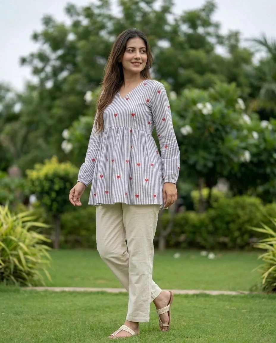 Designer Cotton Top Pant Set with Embroidery Work