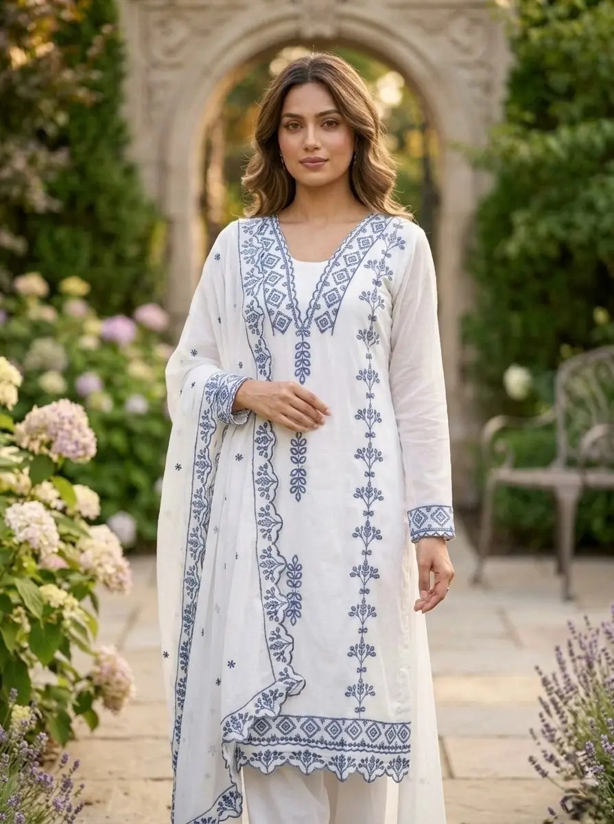 Faux Georgette Embroidered Kurti Pant Dupatta Set for Women