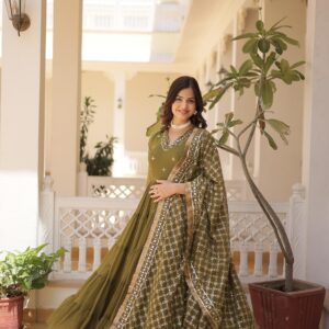 Unique-colored Faux Georgette with exquisite embroidery Mhendi color Gown With Duptta