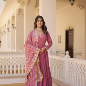 Unique-colored Faux Georgette with exquisite embroidery Onion color Gown With Duptta
