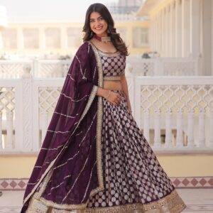 Luxurious Wine Exquisite Lehenga Set with Blouse & Dupatta